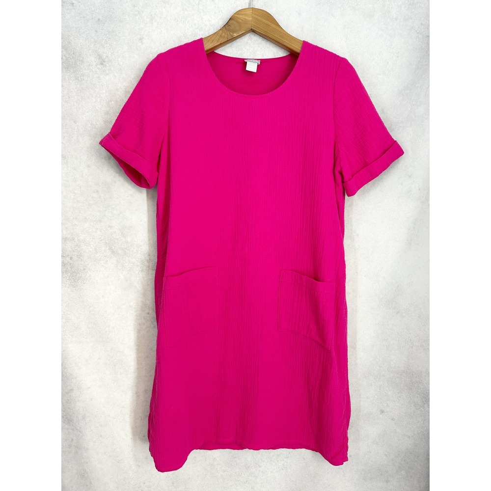 Chico's Size 1 Hot Pink Cotton Gauze Shift Dress Short Sleeve Size Medium 8/10